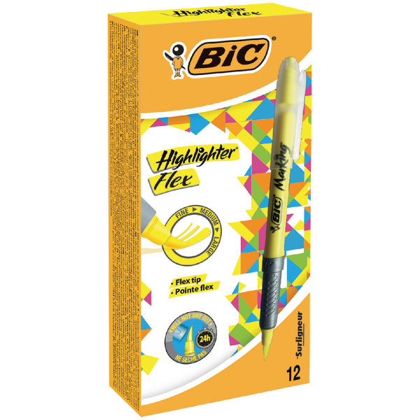 Bic Flex Highlighter Pen Chisel Tip 1.6-3.3mm Line Yellow (Pack 12)