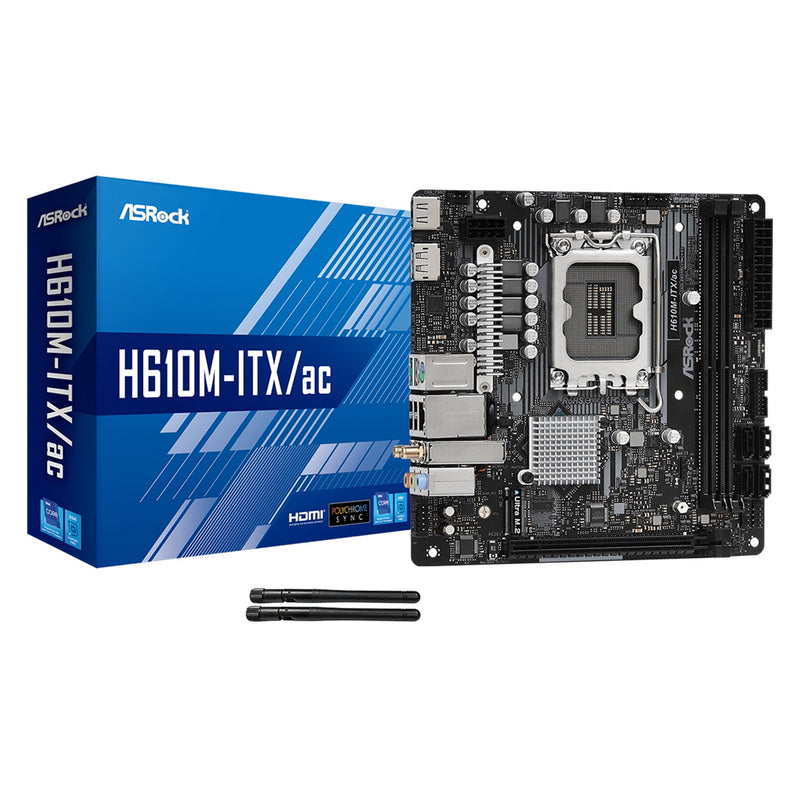 ASRock H610M-ITX/AC Motherboard, Intel Socket 1700, 12th Gen, DDR4, Mini ITX, 6 Phase Dr.MOS Power Design, 1 Ultra M.2 (PCIe Gen3 x4 & SATA3), 4 USB 3.2 Gen1 (2 Front, 2 Rear), 4 USB 2.0 (2 Front, 2 Rear), Intel 802.11ac WiFi, Bluetooth, HDMI, DisplayPort