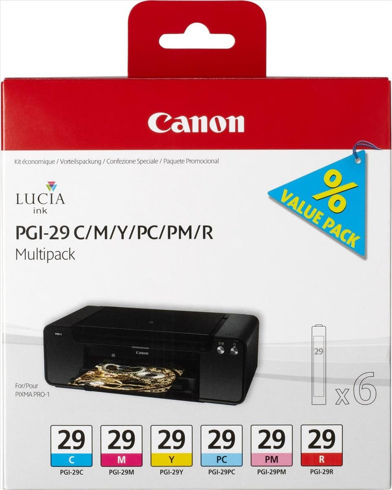 Canon PGI29 Cyan Magenta Yellow Photo Cyan Photo Magenta Red Standard Capacity Ink Cartridge 6 x 9ml Multipack - 4873B005