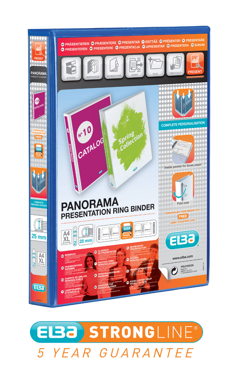 Elba Panorama Presentation Ring Binder 25mm Capacity 40mm Spine A4+ 2 D-Ring Blue (Pack 6) 400008412