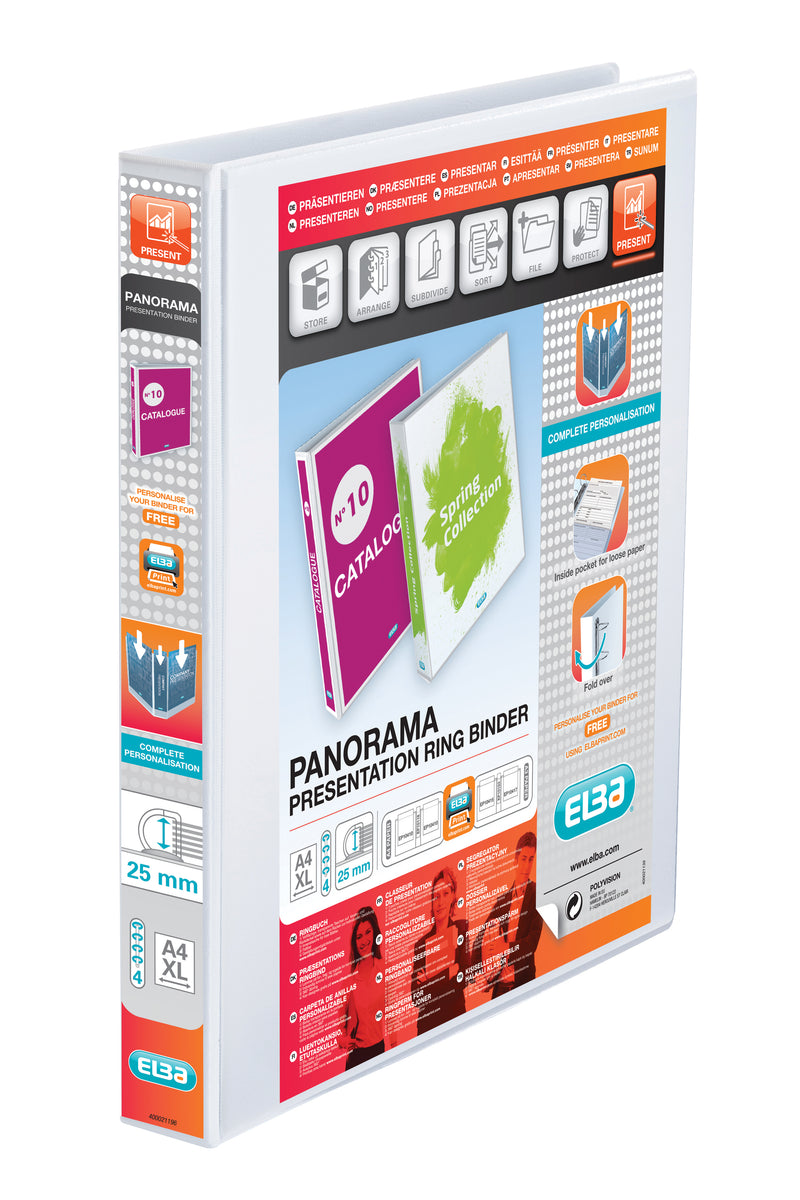 Elba Panorama Presentation Ring Binder Polypropylene 4 D-Ring A4 Plus 25mm Rings White (Pack 6)