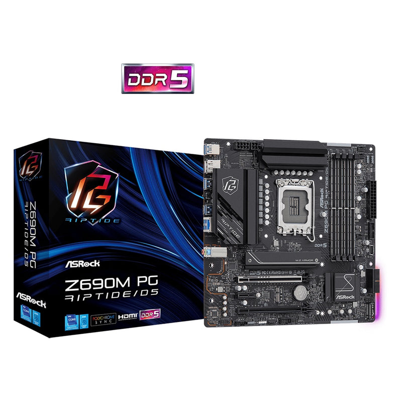 ASRock Z690M PG Riptide DDR5 Motherboard, Intel Socket 1700, 1x PCIe 5.0 x16, 1x PCIe 4.0 x16, 1x PCIe 3.0 x1, 1x M.2 KeyE for WiFi, Micro ATX, USB 3.2 Gen2x2 Type-C, Killer E3100G 2.5G LAN, HDMI, DisplayPort, 4x SATA3