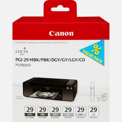 Canon PGI29 Black Grey Dark Grey Light Grey Matte Black Photo Black Standard Capacity Ink Cartridge 6 x 36ml Multipack - 4868B018