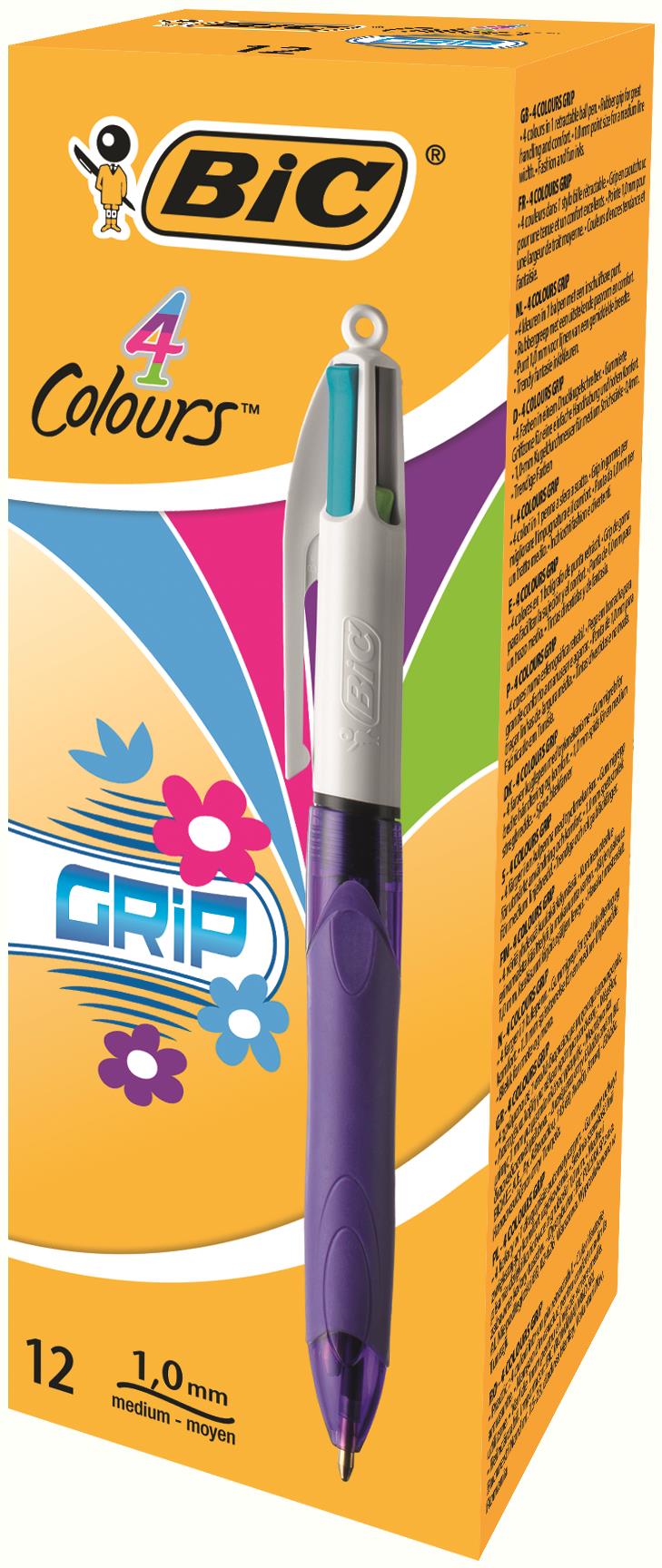 Bic 4 Colours Grip Fashion Ballpoint Pen 1mm Tip 0.32mm Line Purple Barrel Lime Green/Pink/Purple/Turquoise Ink (Pack 12)