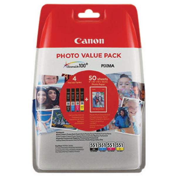 Canon CLI551 Black, Cyan, Magenta, Yellow, Standard Capacity Ink Cartridge - 4 x 7ml Multipack